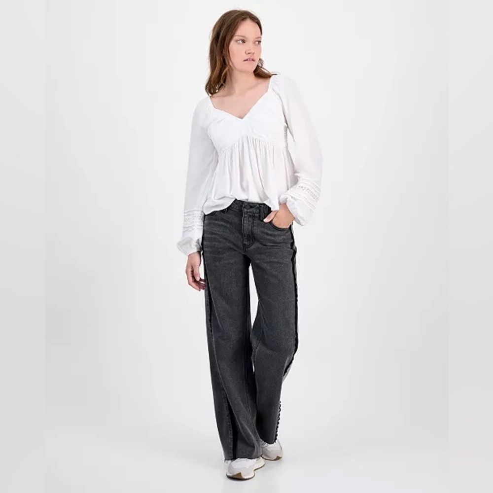 Women's Black and Lace Detail Baggy Jeans